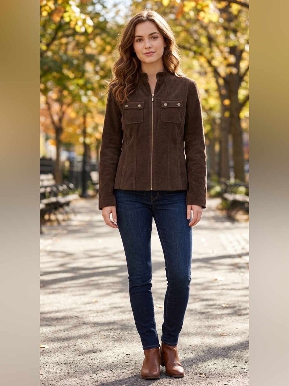 A-LINE Petite Brown Corduroy Zip-Front Jacket Mock Neck Utility Pocket